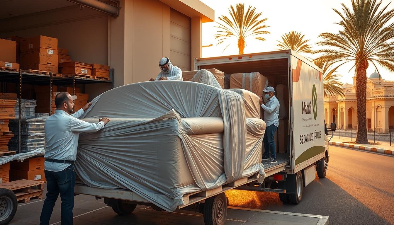 A professional home furniture moving company in Khamis Mushait, Saudi Arabia. A large, modern warehouse facility with neatly stacked moving boxes and packing materials. Skilled movers carefully loading a plush leather sofa onto a specialized moving truck. The truck
