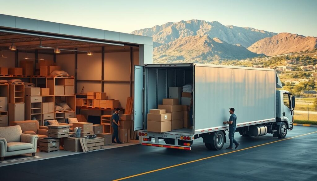 A professional home furniture moving company in Khamis Mushait, showcasing their fleet of well-equipped trucks, experienced team, and secure packing techniques. The image depicts the company's modern warehouse facility, with neatly stacked furniture and a team of movers meticulously loading items onto a large cargo truck. The lighting is warm and inviting, conveying a sense of professionalism and reliability. The background features the lush greenery and scenic landscapes of Khamis Mushait, highlighting the local context. The overall atmosphere exudes a balance of efficiency, attention to detail, and a commitment to providing exceptional furniture moving services to the community.