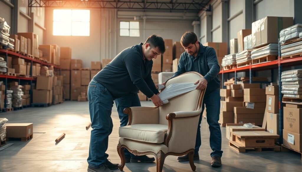 A spacious, well-lit warehouse interior with rows of neatly stacked cardboard boxes and crates. Sunlight streams in through large windows, casting a warm glow over the scene. In the foreground, a team of professional furniture movers carefully wrap and secure a delicate antique armchair, their movements precise and practiced. Shelves along the walls display a variety of packing materials, from bubble wrap to specialized containers. The overall atmosphere conveys a sense of order, security, and expertise in the art of safe storage and transportation.