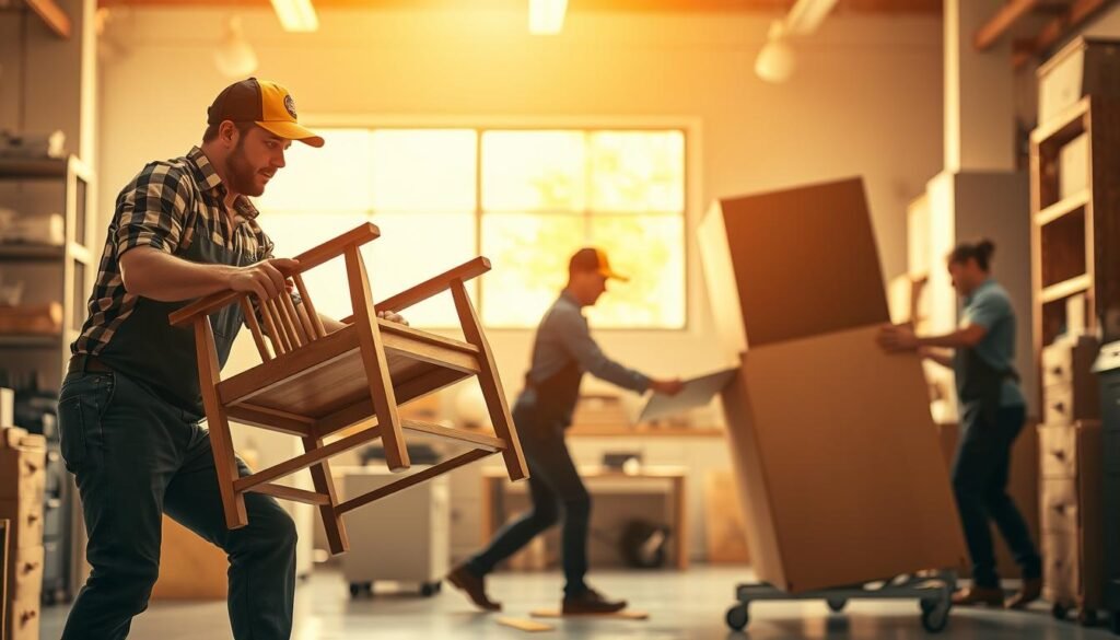 A well-lit, high-resolution image showcasing the disassembly and reassembly of furniture. Focus on the foreground, with a skilled technician carefully dismantling a wooden chair, its components laid out neatly on a work surface. In the middle ground, another technician is reassembling a desk, their hands deftly connecting the pieces. The background should depict a clean, organized workshop setting with shelves of tools and spare parts. Utilize warm, natural lighting to create a sense of professionalism and attention to detail. Convey the expertise and care required for successful furniture relocation and installation. A well-lit, high-resolution image showcasing the disassembly and reassembly of furniture. Focus on the foreground, with a skilled technician carefully dismantling a wooden chair, its components laid out neatly on a work surface. In the middle ground, another technician is reassembling a desk, their hands deftly connecting the pieces. The background should depict a clean, organized workshop setting with shelves of tools and spare parts. Utilize warm, natural lighting to create a sense of professionalism and attention to detail. Convey the expertise and care required for successful furniture relocation and installation.